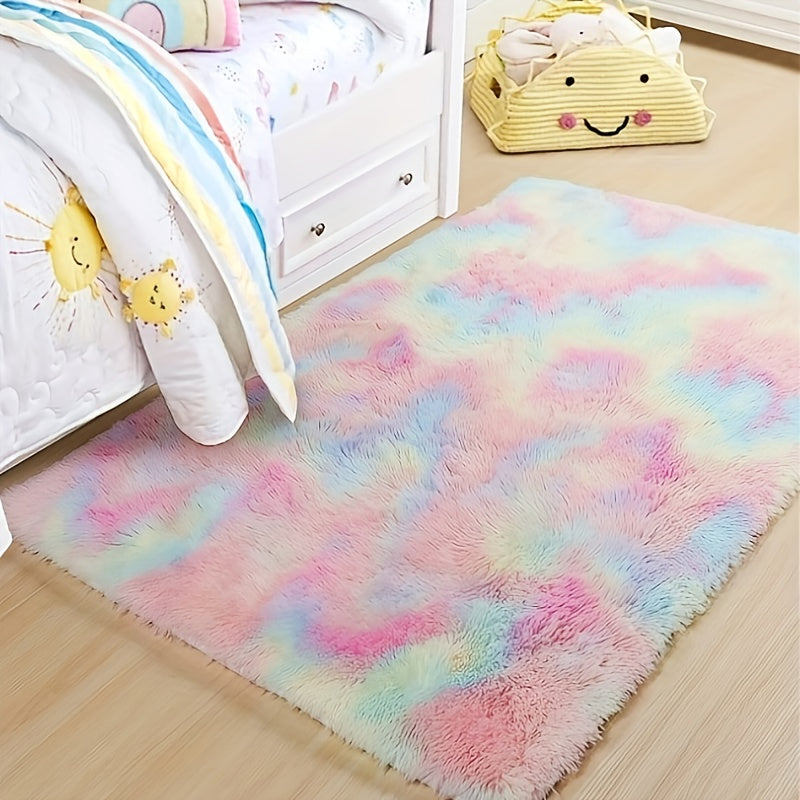 Alfombra suave y esponjosa de arcoíris lavable - Alfombra de felpa cómoda adecuada para sala de estar, dormitorio, decoración de dormitorio, 100% poliéster, solo limpieza en seco - Alfombra decorativa esponjosa para interiores