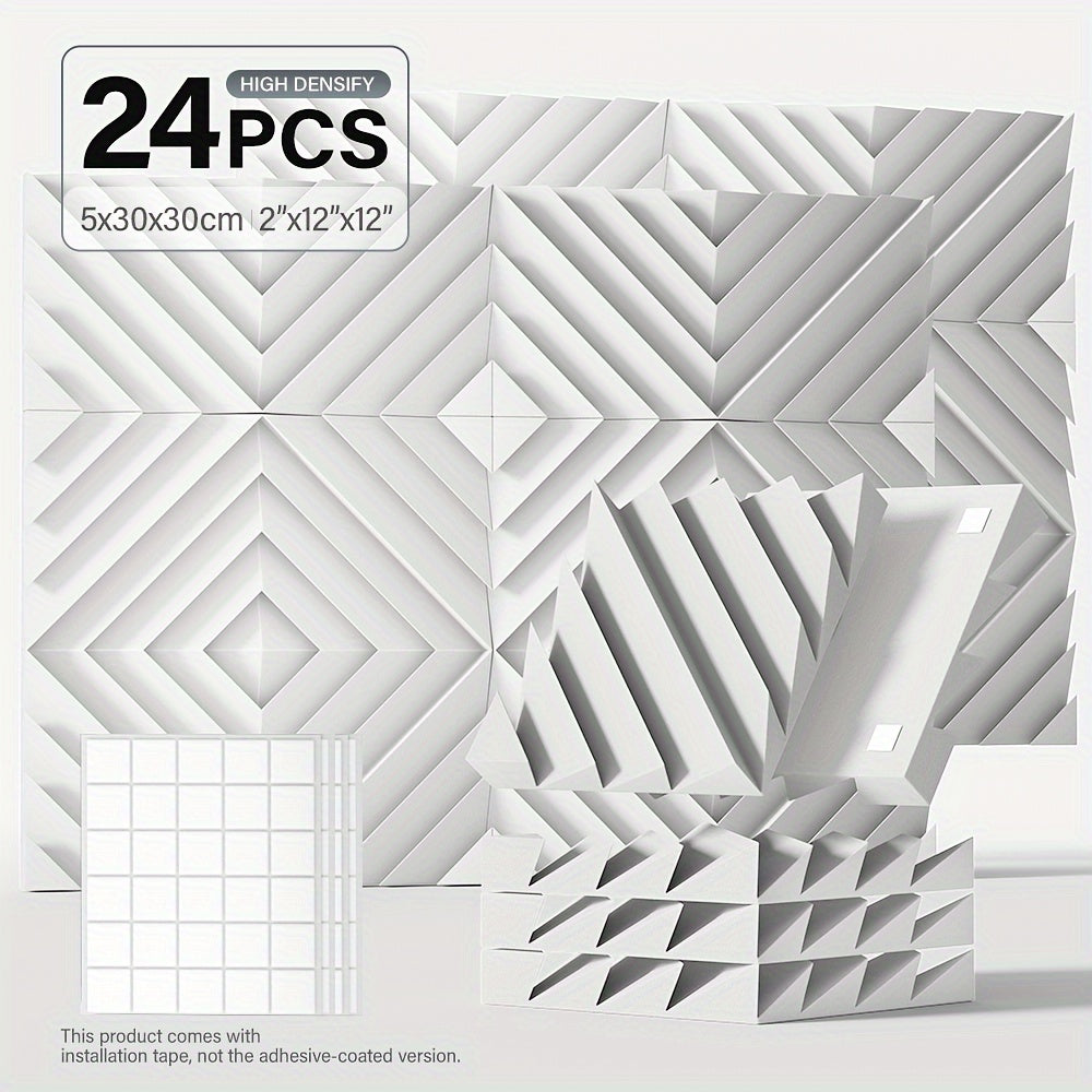 12pcs, 24pcs - Paneles de Espuma Aislante Acústica con Ranura Diamantada 5.08x30.48x30.48 cm, Paneles de Alta Densidad para Estudio, Paneles Decorativos 3D, Material Absorbente de Sonido para Hogar u Oficina (Incluye Pegatinas)