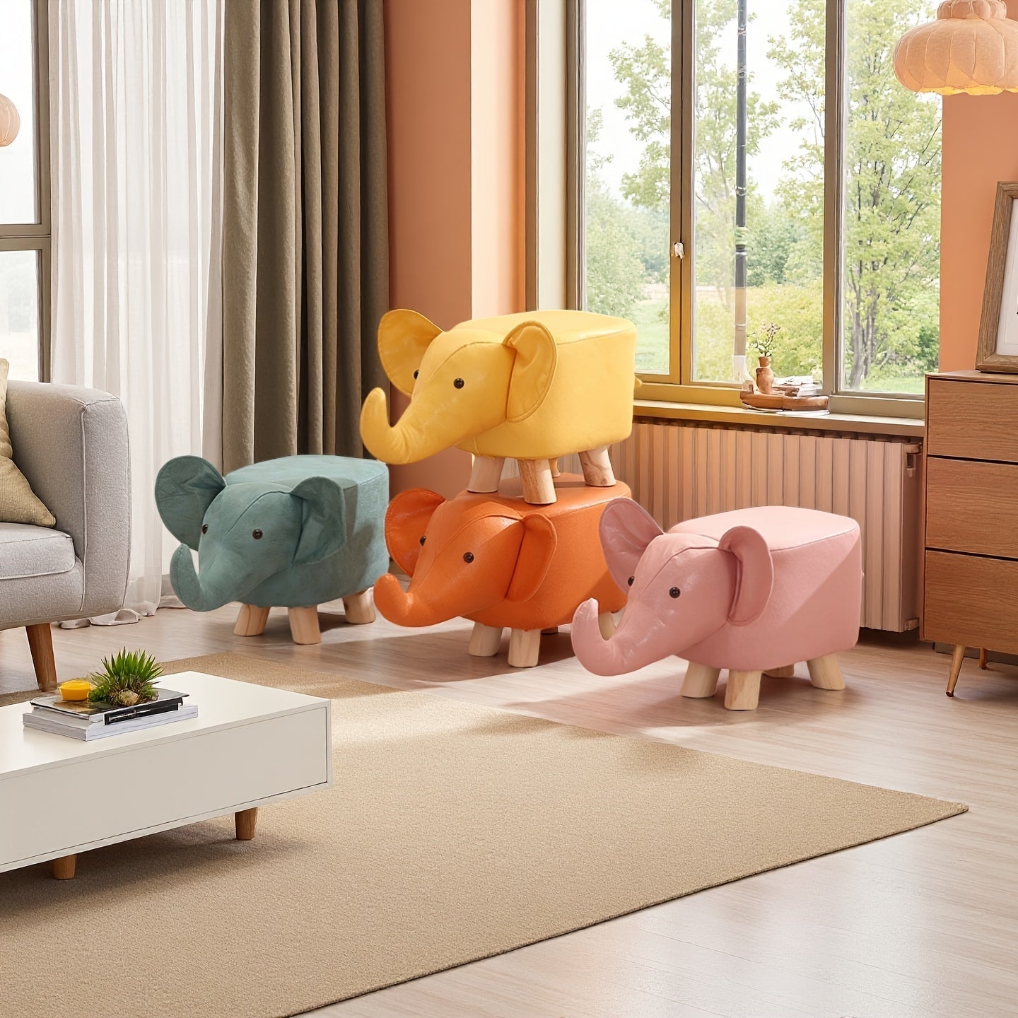 Pequeño taburete de madera sólida, disponible en cuatro colores, taburete bajo de elefante de dibujos animados, taburete pequeño de moda para el salón de casa, taburete creativo de forma única.