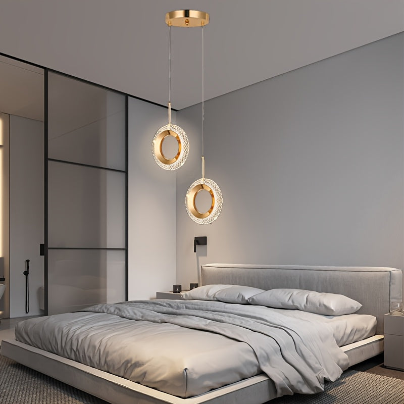 Lámpara colgante moderna dorada, lámpara colgante con anillo, pantalla de lámpara de acrílico, interruptor LED de tres colores, adecuado para isla de cocina, comedor, dormitorio, lámpara colgante (anillo simple/doble)