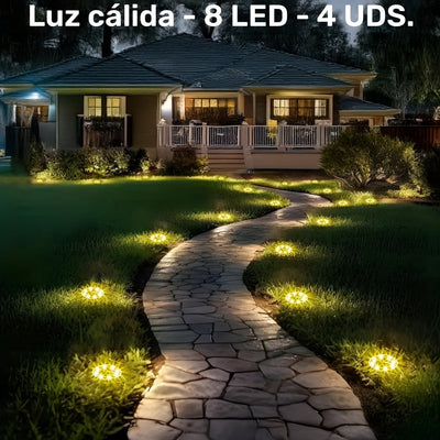 8 luces solares mini enterradas, lámpara solar de acero inoxidable para exteriores, iluminación de paisaje impermeable para patios, jardines, carreteras, aceras y césped, luz blanca + luz cálida, clasificación IP65, material de cobre, carga de panel sola