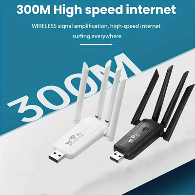 Repetidor de WiFi USB de alta velocidad 300Mbps con 4 antenas - Amplificador de señal inalámbrica para una mayor cobertura de red, alimentado por USB, diseño negro elegante, conexión directa super, mejora tu experiencia de WiFi, extensor de WiFi, repetid