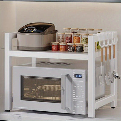 Estante de cocina expandible de 2 niveles para microondas y horno, organizador de metal negro para encimera con estantes abiertos, ideal para especias, utensilios y ollas, estante para electrodomésticos, repisa funcional, estructura de metal negro