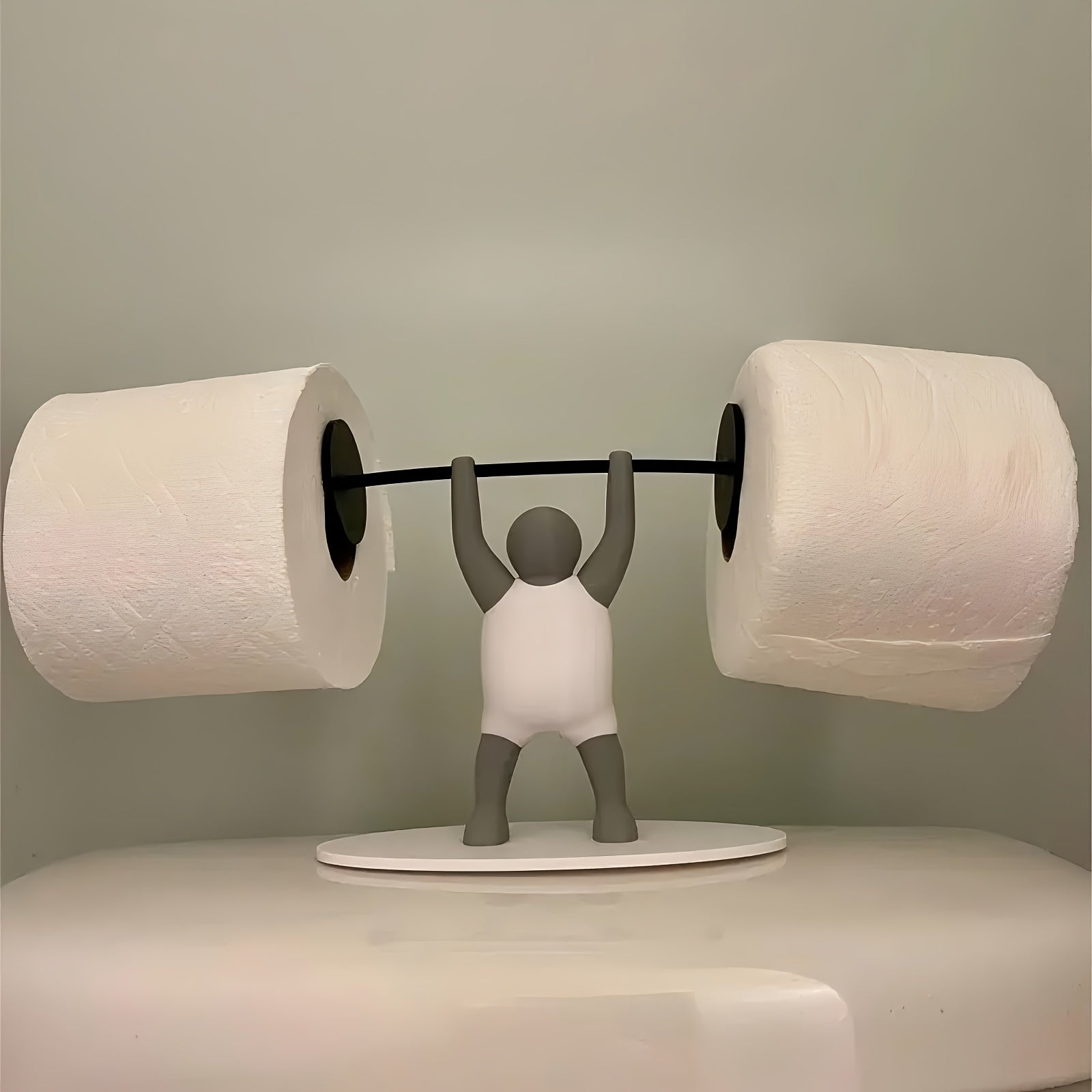 Soporte de rollo de papel higiénico de levantador de pesas divertido, impreso en 3D único, de plástico, sobre el tanque, autosoportante, con levantador de pesas sosteniendo una barra, para decoración de baño y cocina