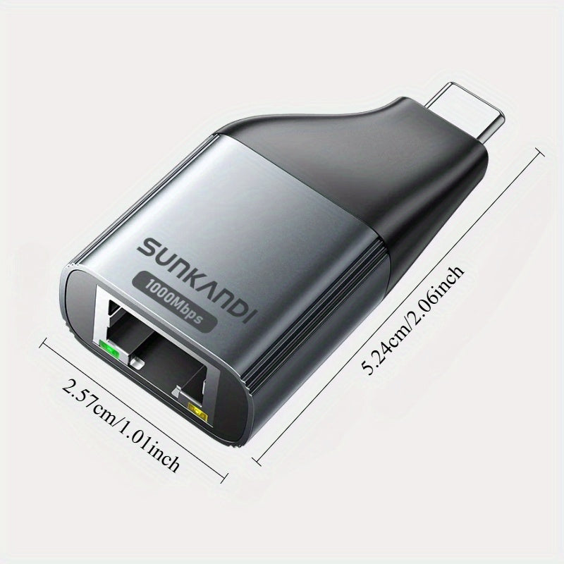 Adaptador USB-C a Ethernet SUNKANDI, 1Gbps Gigabit RJ45 a Tipo C, Plug and Play sin controladores para MacBook Pro/Air, iPhone 16 Pro/Max, iPad, XPS, laptops - Negro, adaptador Plugandplay | Acabado metálico elegante | Transferencia de datos eficiente, a