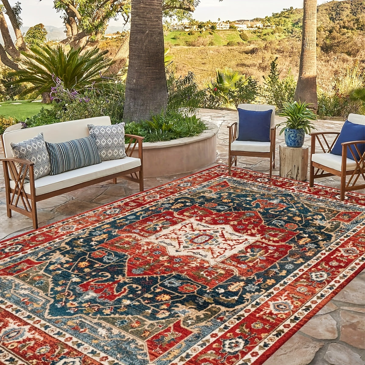 1 pieza Alfombra Europea Vintage Roja con Patrón Persa Geométrico para Jardín Adecuada para Exteriores, Entrada Gruesa Suave Lavable Antideslizante de Gran Tamaño para Decoración Exterior