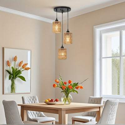 Candelabro de 3 luces estilo bohemio - Sombrilla de ratán tejida a mano, base E27, perfecto para comedor de granja, isla de cocina, sala de estar y decoración de dormitorio (luz no incluida) - Montaje semienterrado, montaje regular