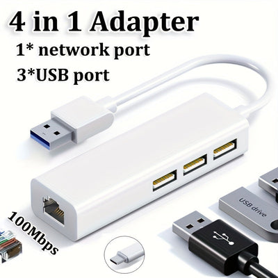 Adaptador 4 en 1 de alta velocidad, convertidor de tarjeta de red USB a RJ45 de 100 Mbps, concentrador USB de 3 puertos, Plug and Play, sin controladores, compatible con computadora portátil/escritorio/TV Box, fácil disipación de calor, material ABS, dis
