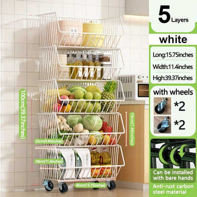 Carrito de Almacenamiento de Cocina Multinivel GDBY - 5/4/3/2 Capas, Cestas de Alambre Metálico Apilables para Frutas y Verduras, Organizador Móvil con Ruedas para Despensa, Baño, Cuarto de Lavado