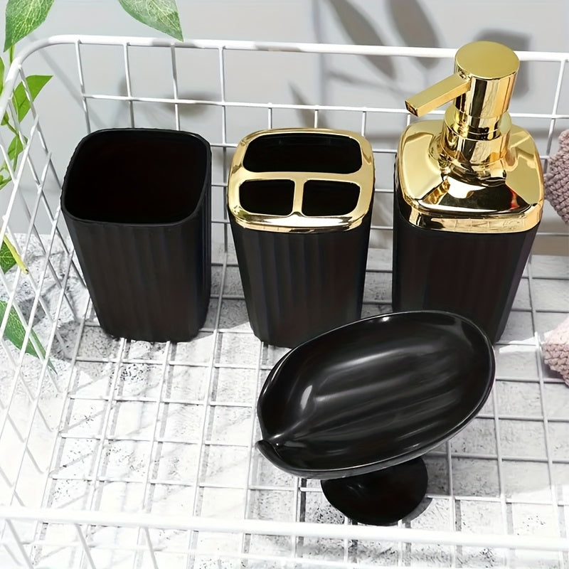 Juego de 4 accesorios para baño con rayas verticales, incluye dispensador de líquido, portacepillos, vaso para enjuague bucal y jabonera - Kit organizador esencial para baño, material plástico