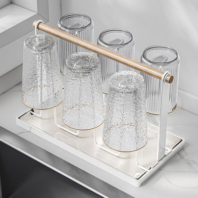 Estante de secado de tazas con mango de madera, soporte de tazas de metal con 6 bandejas de drenaje desmontables, diseño de hierro duradero, recubrimiento anticorrosivo, estante de secado de platos para encimera de cocina.
