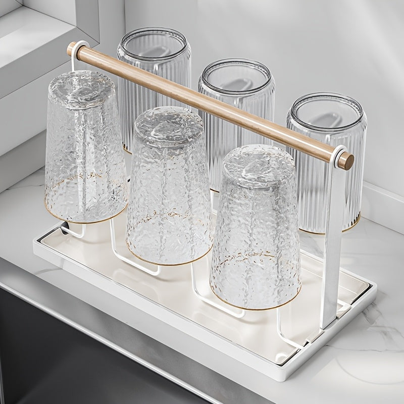 Estante de secado de tazas con mango de madera, soporte de tazas de metal con 6 bandejas de drenaje desmontables, diseño de hierro duradero, recubrimiento anticorrosivo, estante de secado de platos para encimera de cocina.