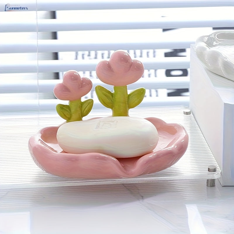 Porta jabón ovalado de plástico con diseño floral, soporte autoescorriente para todas las estaciones, accesorio lindo para baño y cocina