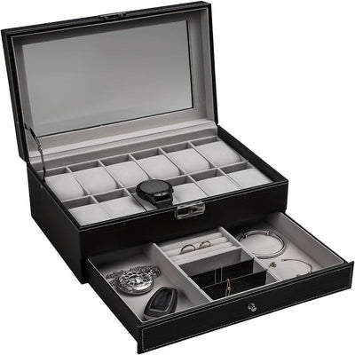 1 Pieza, Caja De Almacenamiento De Reloj Con Cerradura De Cuero PU De 12 Ranuras, Caja De Exhibición De Joyería Para Hombres Y Mujeres Con Cajón, Caja De Exhibición De Gafas De Reloj De 2 Capas Con Cubierta De Vidrio