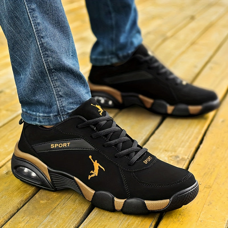 Zapatillas deportivas para hombre con cojín de aire - Parte superior de malla transpirable y PU, diseño geométrico, cierre con cordones, color negro/blanco para correr al aire libre, caminar y atuendo casual, ajuste cómodo.
