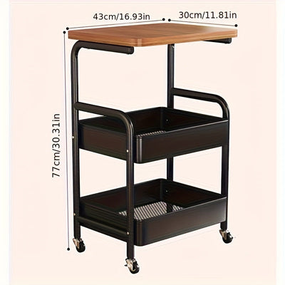 Un carrito de tres niveles con superficie de mesa, herramientas metálicas y estante de almacenamiento para snacks, con un marco de acero al carbono duradero y ruedas portátiles, ideal para uso en casa o en la oficina.