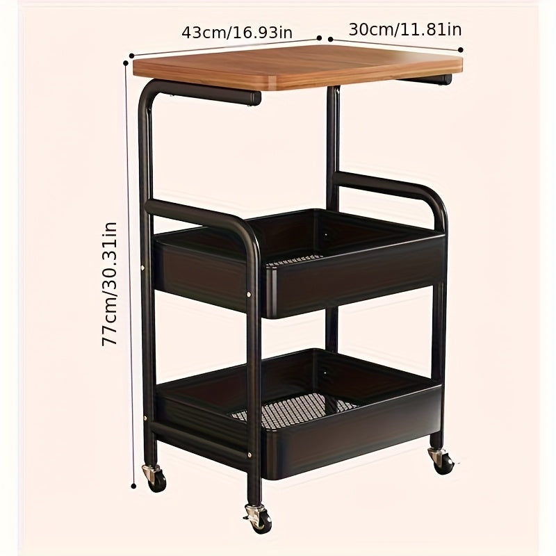 Un carrito de tres niveles con superficie de mesa, herramientas metálicas y estante de almacenamiento para snacks, con un marco de acero al carbono duradero y ruedas portátiles, ideal para uso en casa o en la oficina.
