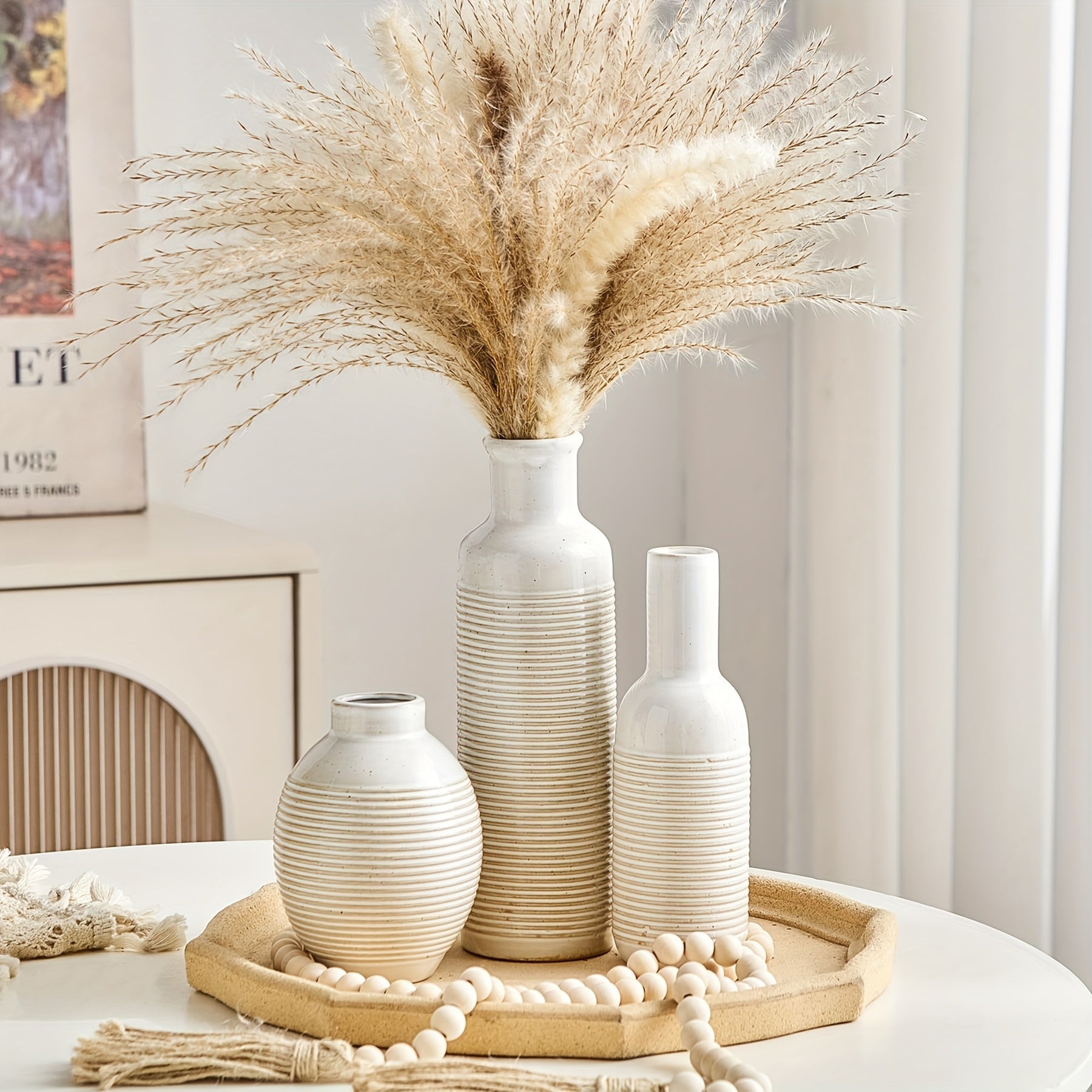 Conjunto de 3 jarrones cerámicos bohemios, conjunto de 3 jarrones decorativos redondos, para estilo de granja, con flores secas, ramos frescos y acuarios, para hogar, sala de estar, mesa de comedor y decoración de entrada