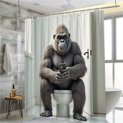 1pc Cortina de Ducha Divertida de Gorila Sentado en el Inodoro con Smartphone – Decoración de Baño de Poliéster Humorística, Incluye 12 Ganchos, 179.83x179.83 cm, Fácil de Limpiar, Diseño de Baño Moderno