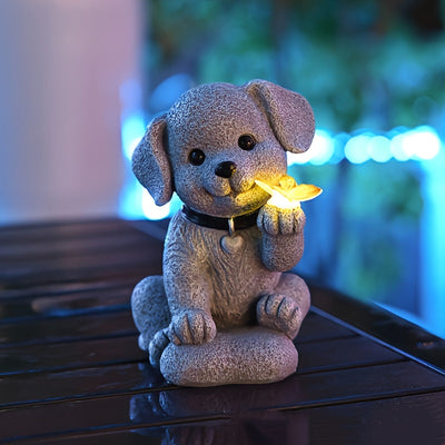 Comodidad diaria] Estatuilla de jardín con perro y mariposa con luz solar - Decoración exterior de resina con flor amarilla brillante, ideal para jardín, patio, balcón o porche, decoración de jardín solar