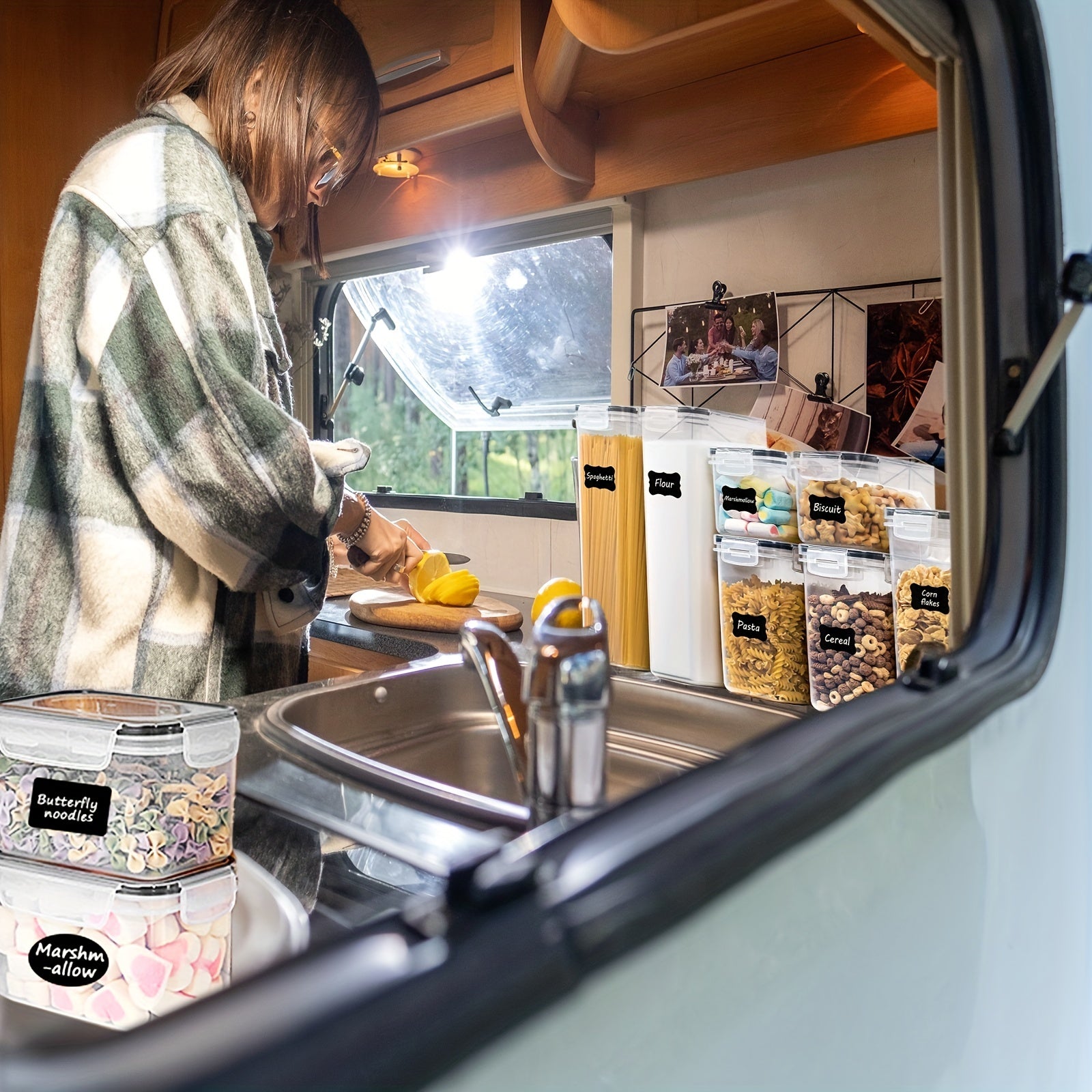 Juego de 7 Contenedores Herméticos para Almacenamiento de Alimentos con Tapas, Tarros de Plástico para Cocina y Despensa para Espagueti, Alimentos Secos, Harina y Azúcar, con Etiquetas, ¡Esencial para la Organización en Autocaravana!