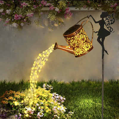 Aspersor de hadas con energía solar con luces apiladas, decoración de jardín impermeable, batería de níquel de 600mAh, tetera solar de metal, luz de cascada para decoración festiva al aire libre, iluminación al aire libre | Característica de jardín de ha