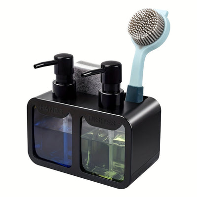 Juego de dispensador de jabón de mano y jabón de platos para cocina, dispensador de jabón dual con bandeja para esponja y soporte para cepillo, organizador 4-en-1 para encimera de fregadero de cocina, útiles gadgets de cocina - Negro
