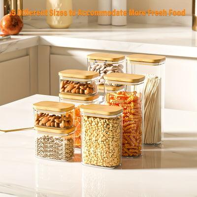 THELiFE 6/12 piezas de recipientes herméticos de plástico con tapa de madera, contenedores ultra transparentes para almacenar alimentos con tapa de bambú sellada, ideales para fideos, harina, cereal, arroz, azúcar, té, café y espagueti