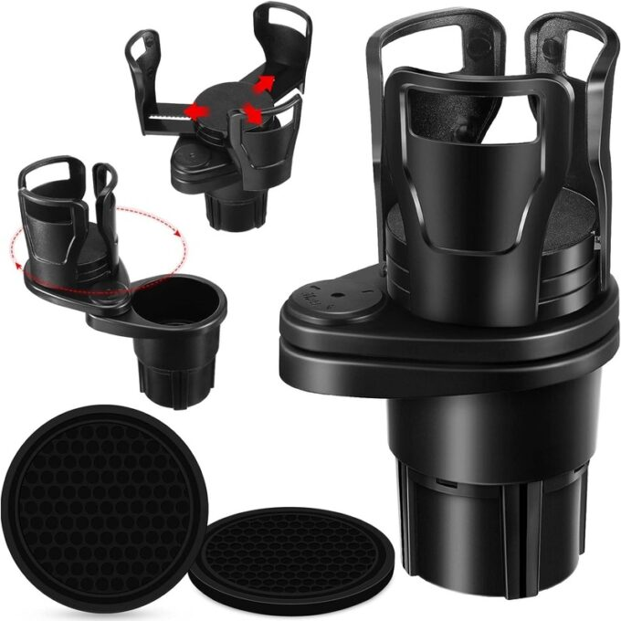 Portavasos multifuncional 2 en 1 para coche y 2 posavasos para coche, soporte universal para bebidas de agua, adaptador extensible con base giratoria de 360 grados (negro mate)