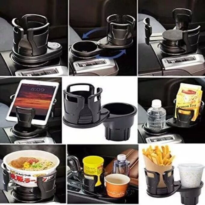 Portavasos multifuncional 2 en 1 para coche y 2 posavasos para coche, soporte universal para bebidas de agua, adaptador extensible con base giratoria de 360 grados (negro mate)