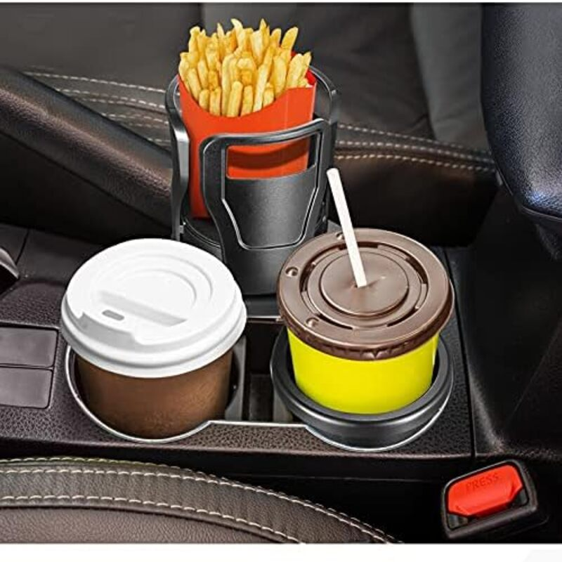 Portavasos multifuncional 2 en 1 para coche y 2 posavasos para coche, soporte universal para bebidas de agua, adaptador extensible con base giratoria de 360 grados (negro mate)