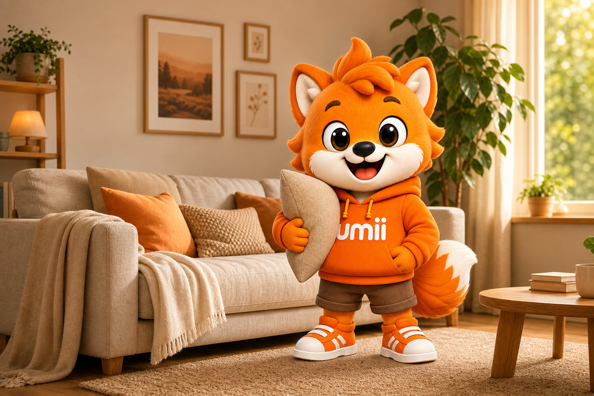 Umii con un cojín en una sala acogedora