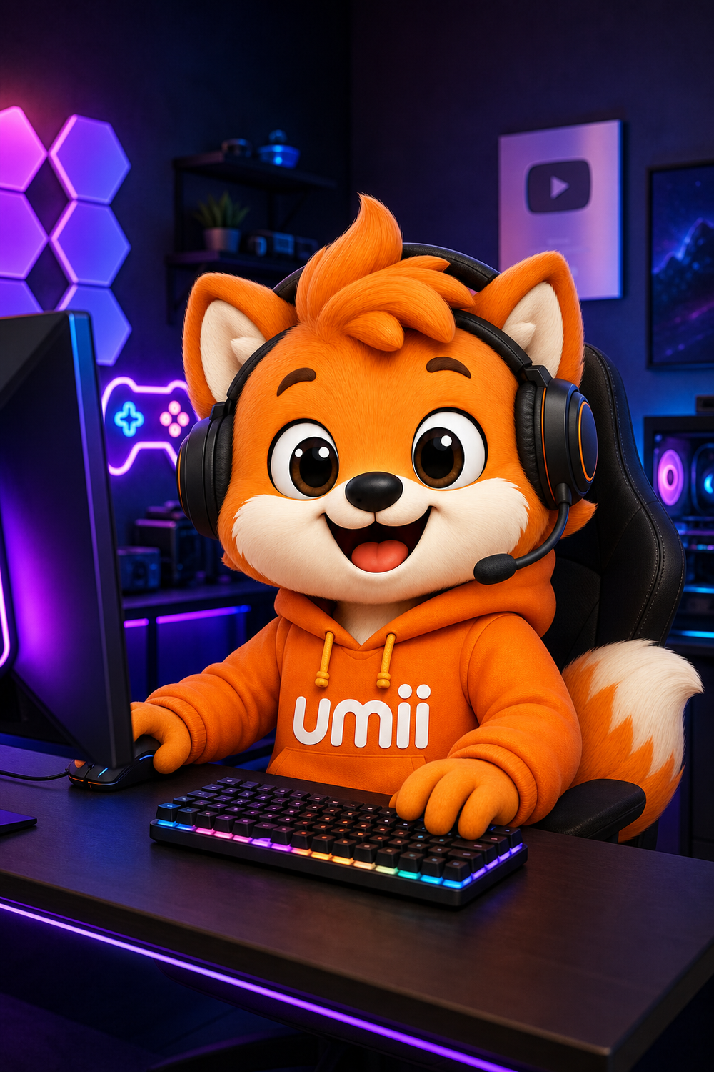 Umii con audífonos gamer rodeado de tecnología